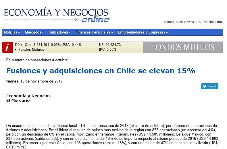 Fusiones y adquisiciones en Chile se elevan 15%